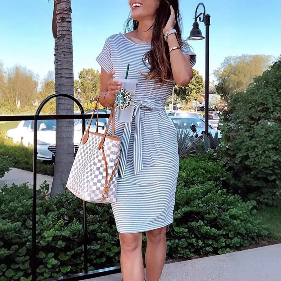 Women Belted Striped Summer Dress Blue White
