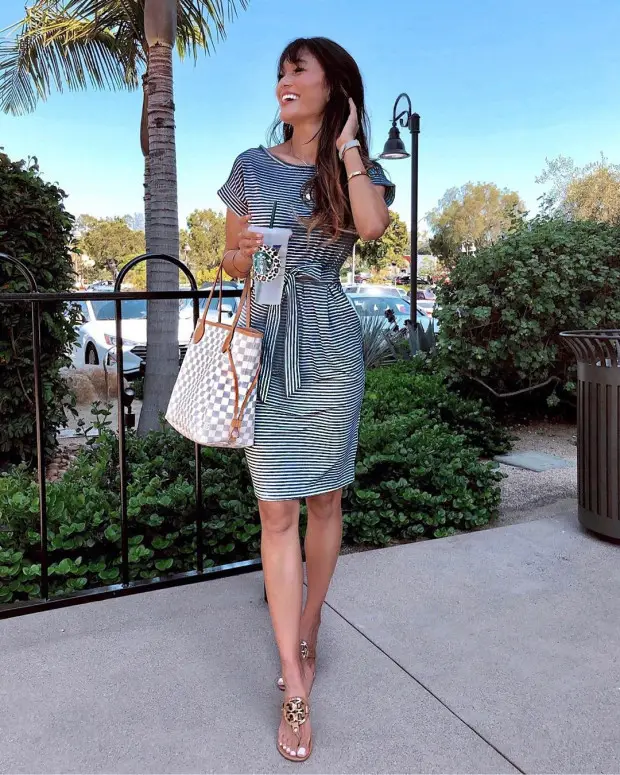 Women Belted Striped Summer Dress Blue White — feature 23