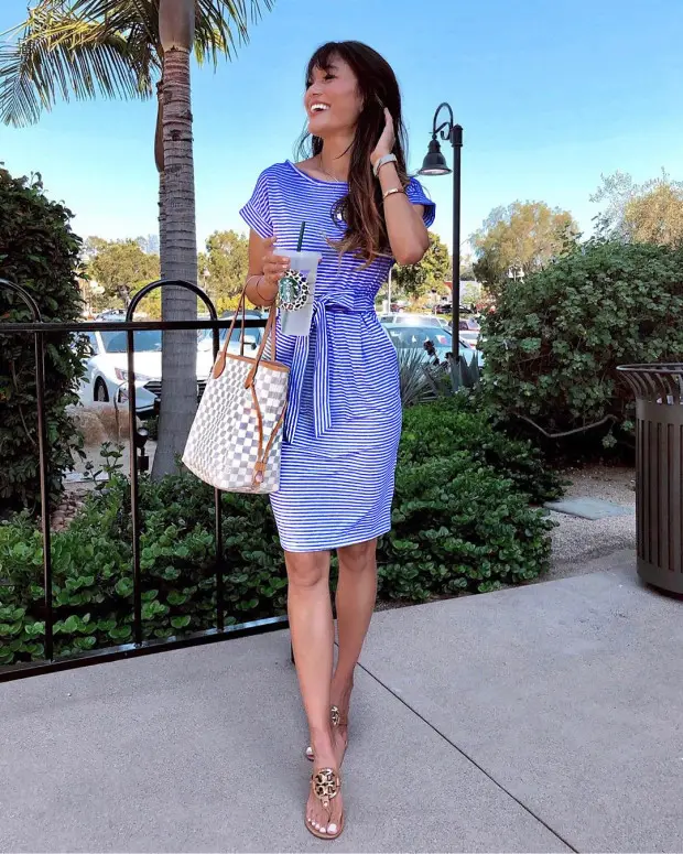 Women Belted Striped Summer Dress Blue White — feature 24