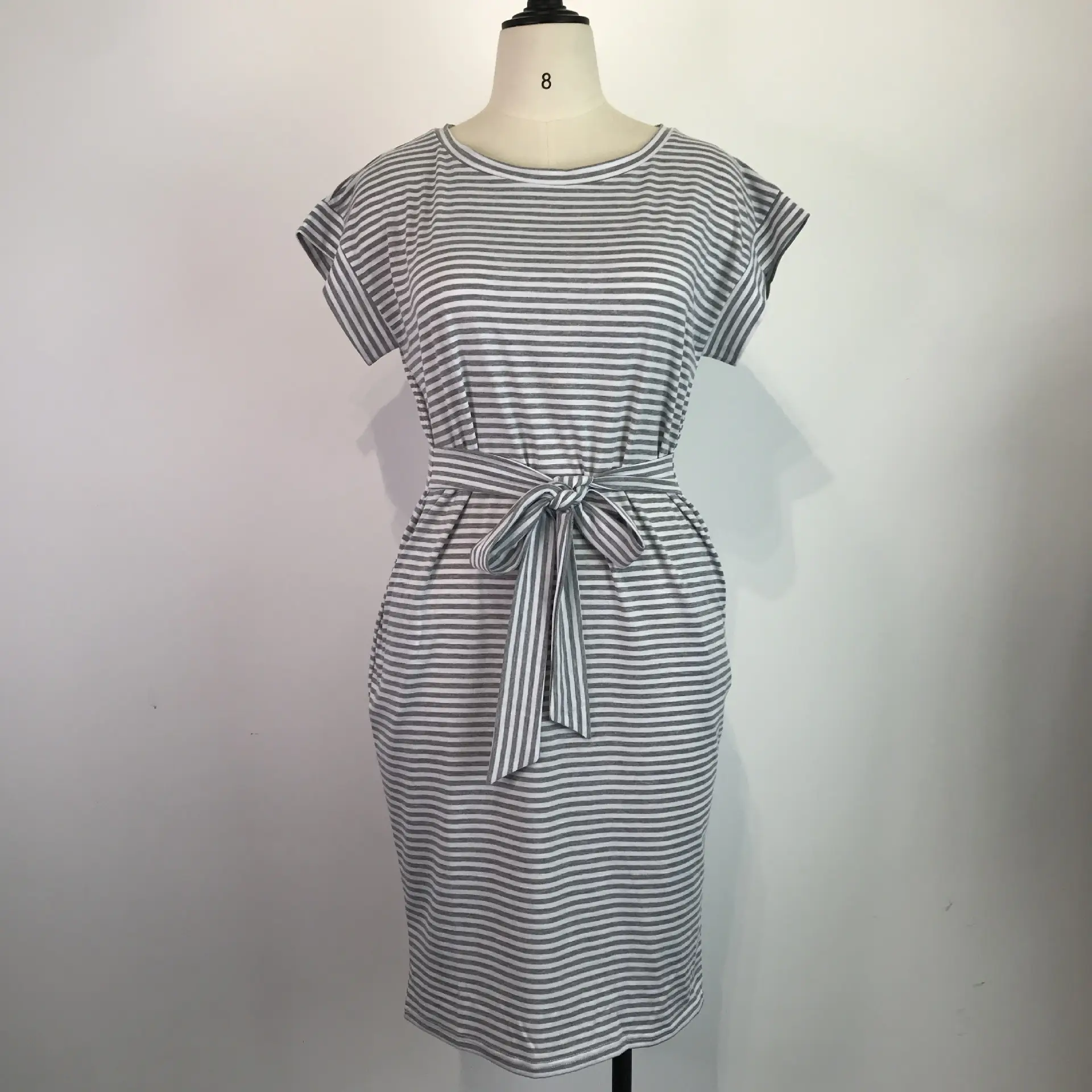 Women Belted Striped Summer Dress Blue White — feature 28
