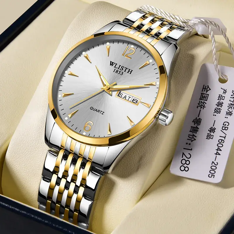 Luminous Gold Silver Men's Quartz Watch with Double Calendar