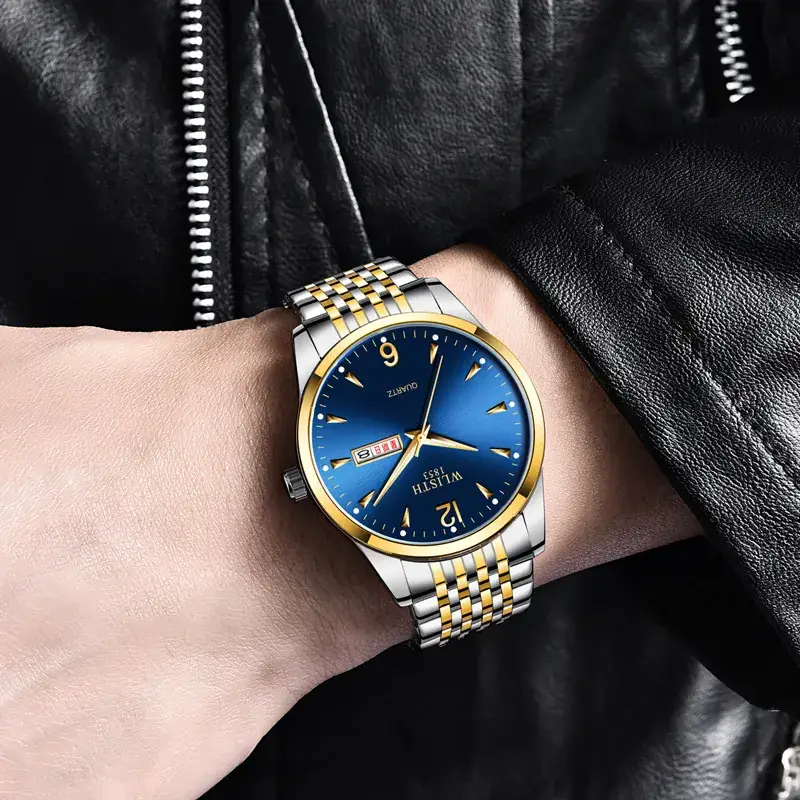 Luminous Gold Silver Men's Quartz Watch with Double Calendar - Image 10