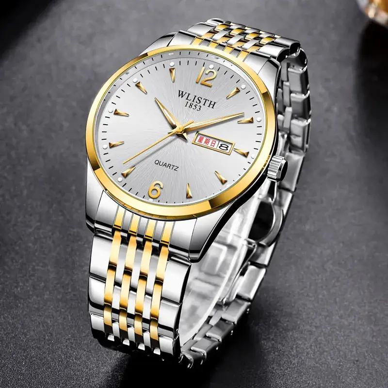 Luminous Gold Silver Men's Quartz Watch with Double Calendar - Image 12