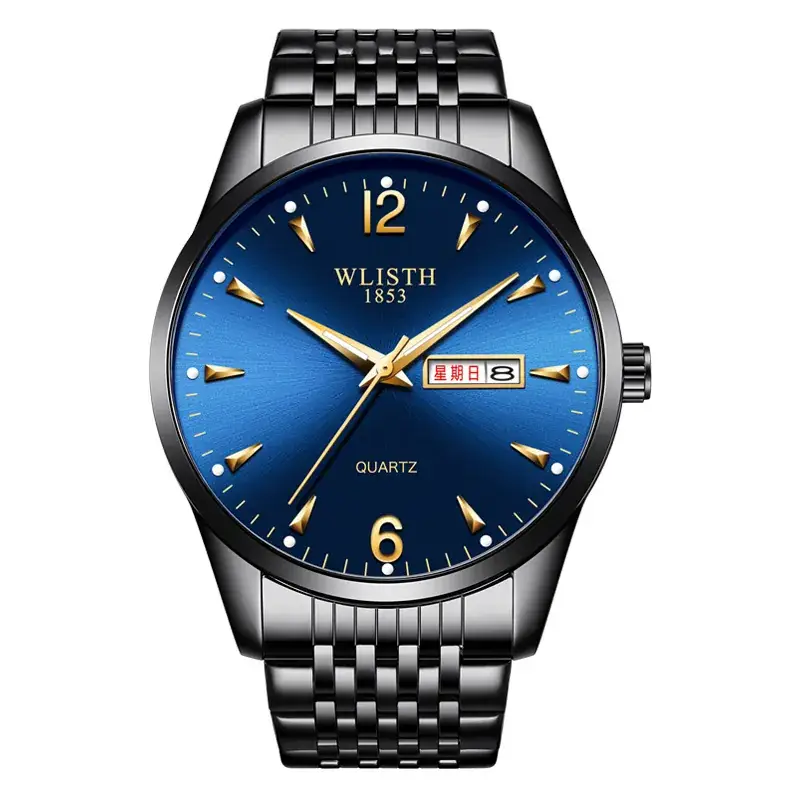 Luminous Gold Silver Men's Quartz Watch with Double Calendar - Image 2