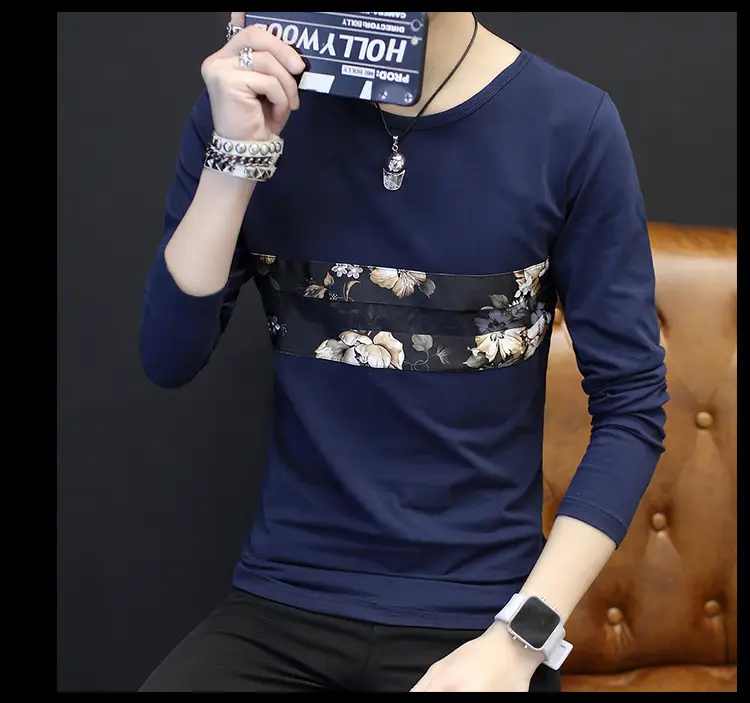 Men Navy Blue Floral Print Long Sleeve T-Shirt