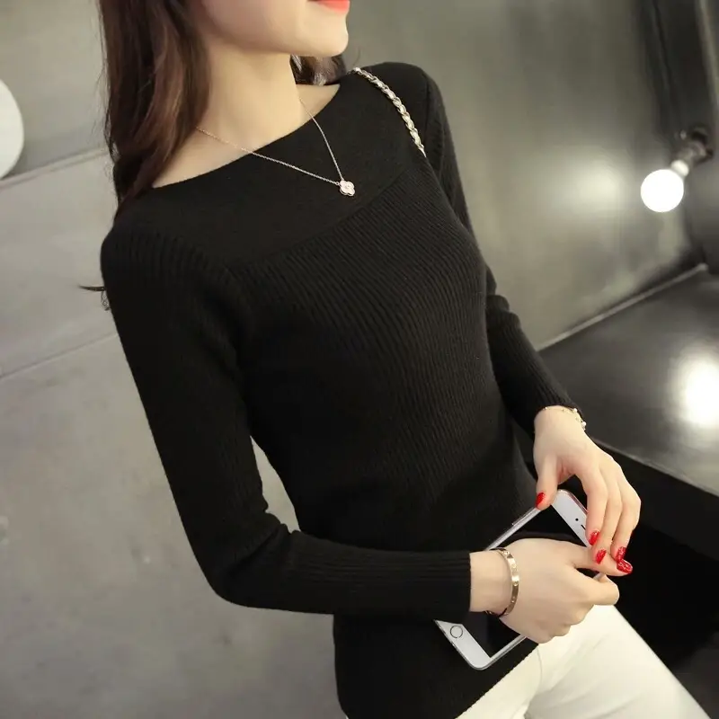 Women Slim Fit Black Long Sleeve Sweater with One-Layer Collar - Image 4