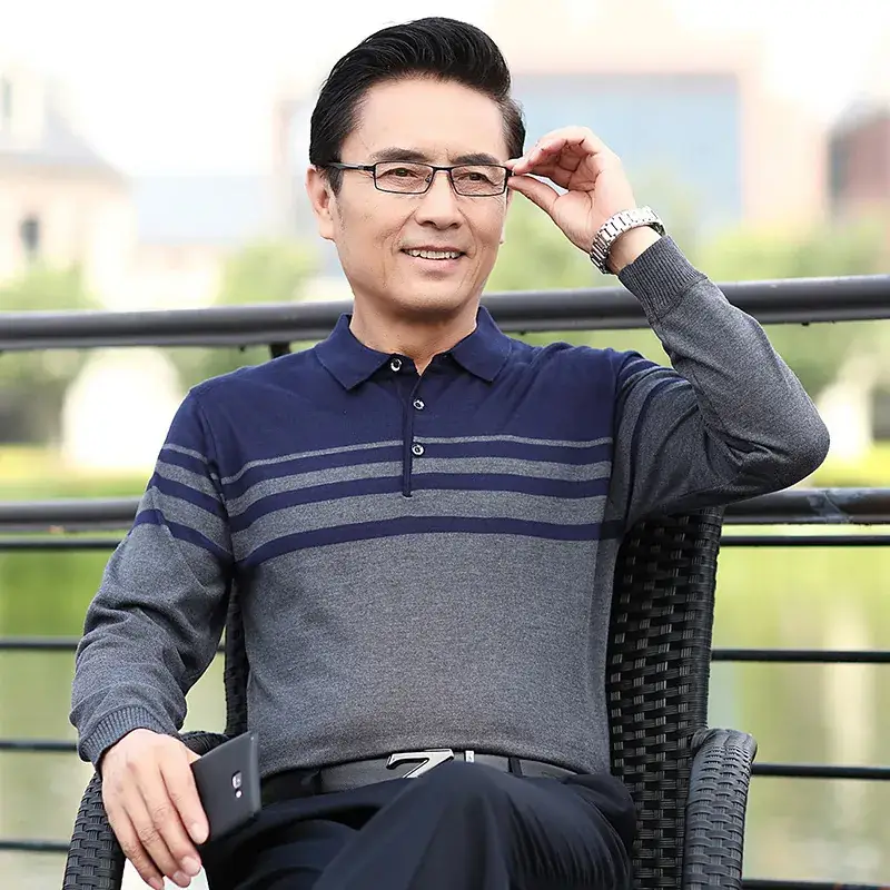 Long Sleeve Knitted T-Shirt Blue for Men - Image 26