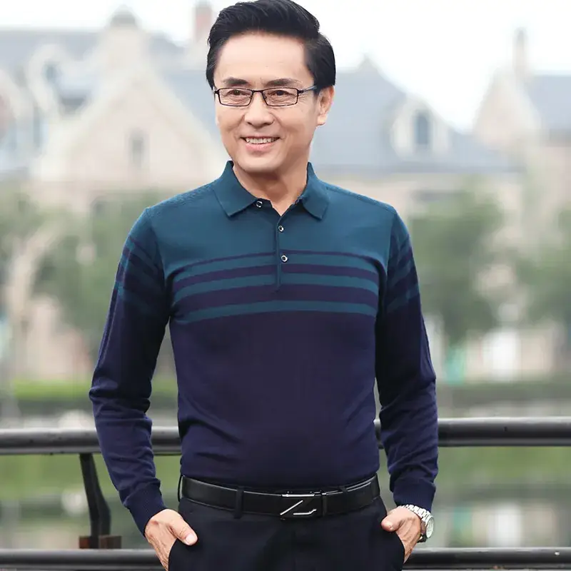 Long Sleeve Knitted T-Shirt Blue for Men - Image 27
