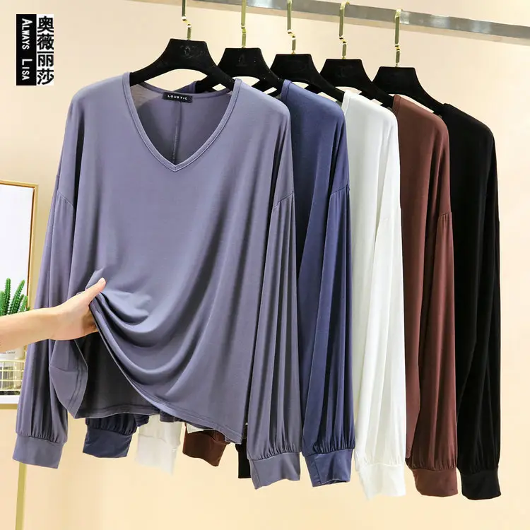 2021 V-neck Long Sleeve T-Shirt Women's Blue Modal Bit Cotton - Image 11