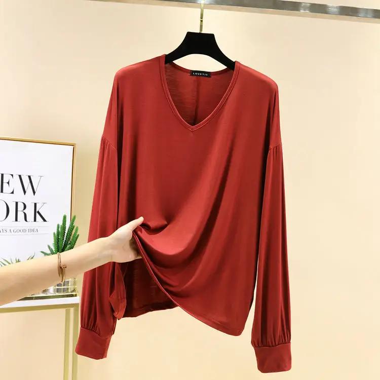 2021 V-neck Long Sleeve T-Shirt Women's Blue Modal Bit Cotton - Image 7