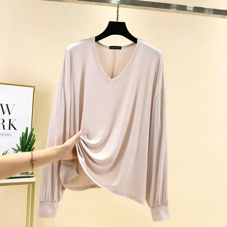 2021 V-neck Long Sleeve T-Shirt Women's Blue Modal Bit Cotton - Image 10