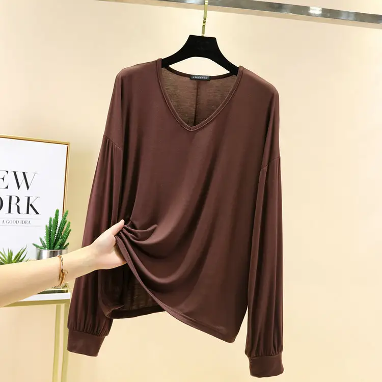 2021 V-neck Long Sleeve T-Shirt Women's Blue Modal Bit Cotton - Image 4