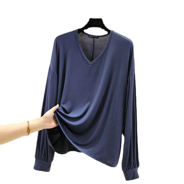 2021 V-neck Long Sleeve T-Shirt Women's Blue Modal Bit Cotton - Image 12
