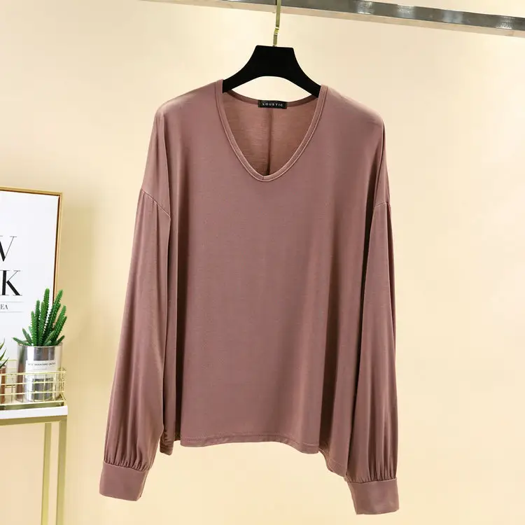2021 V-neck Long Sleeve T-Shirt Women's Blue Modal Bit Cotton - Image 2