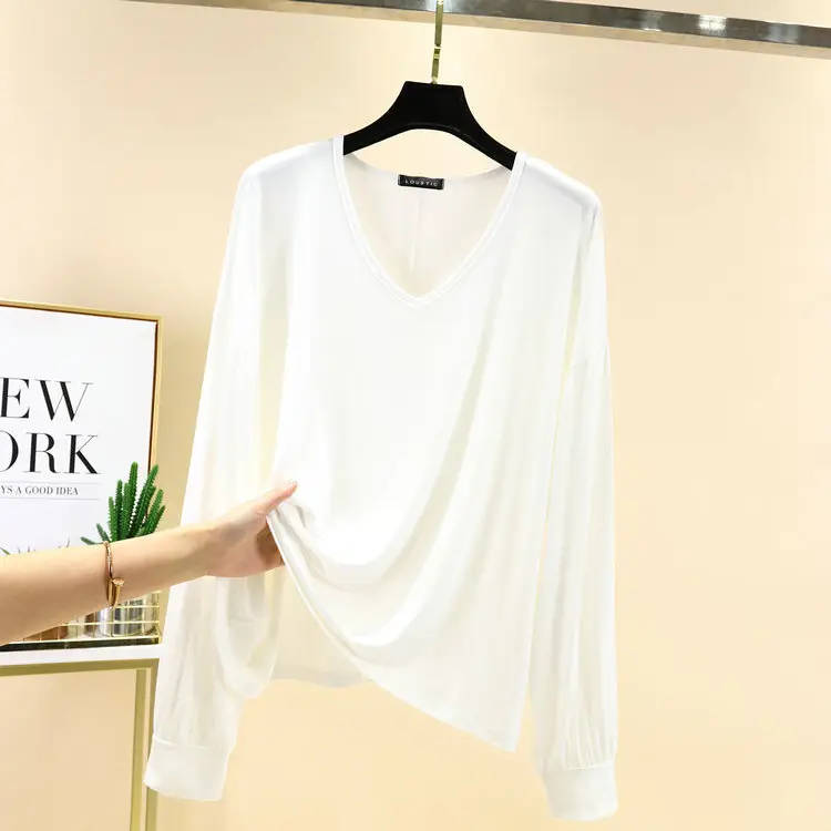 2021 V-neck Long Sleeve T-Shirt Women's Blue Modal Bit Cotton - Image 3