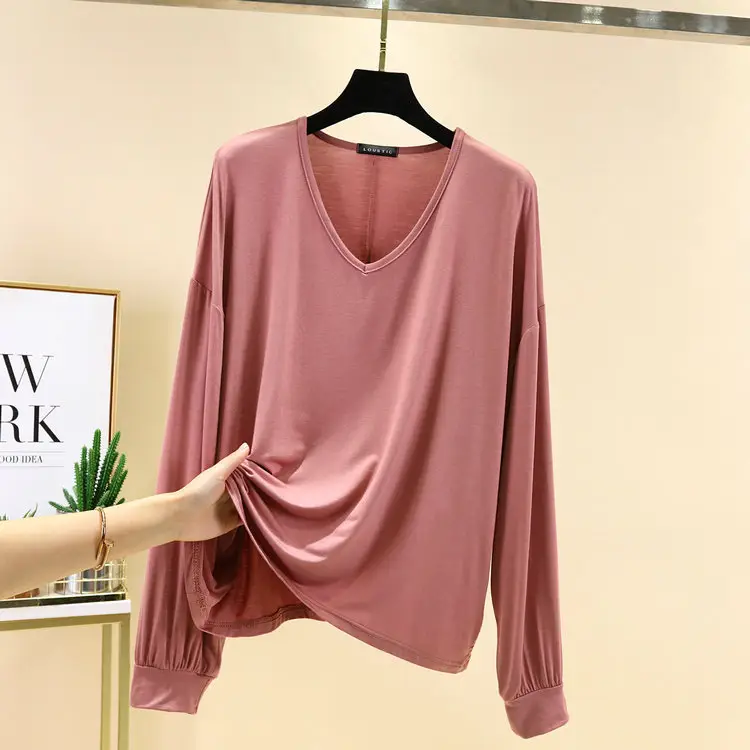 2021 V-neck Long Sleeve T-Shirt Women's Blue Modal Bit Cotton - Image 6