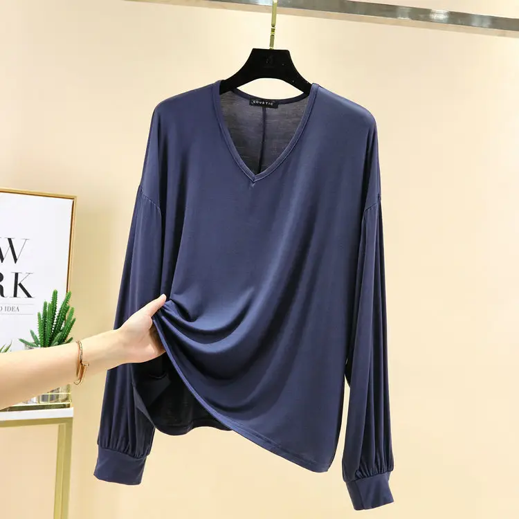2021 V-neck Long Sleeve T-Shirt Women's Blue Modal Bit Cotton - Image 8