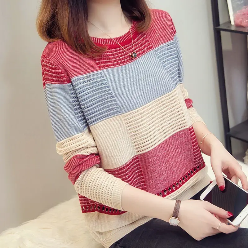 Korean Style Color Block Long Sleeve Pullover for Women