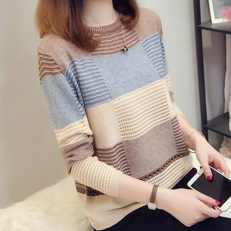Korean Style Color Block Long Sleeve Pullover for Women