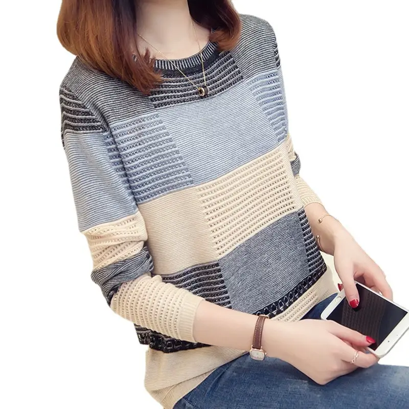 Korean Style Color Block Long Sleeve Pullover for Women