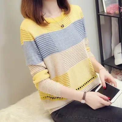 Korean Style Color Block Long Sleeve Pullover for Women