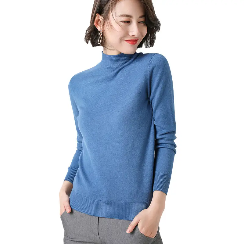 Women's Slim Fit Sweater Pullover Blue White Collar - Image 14
