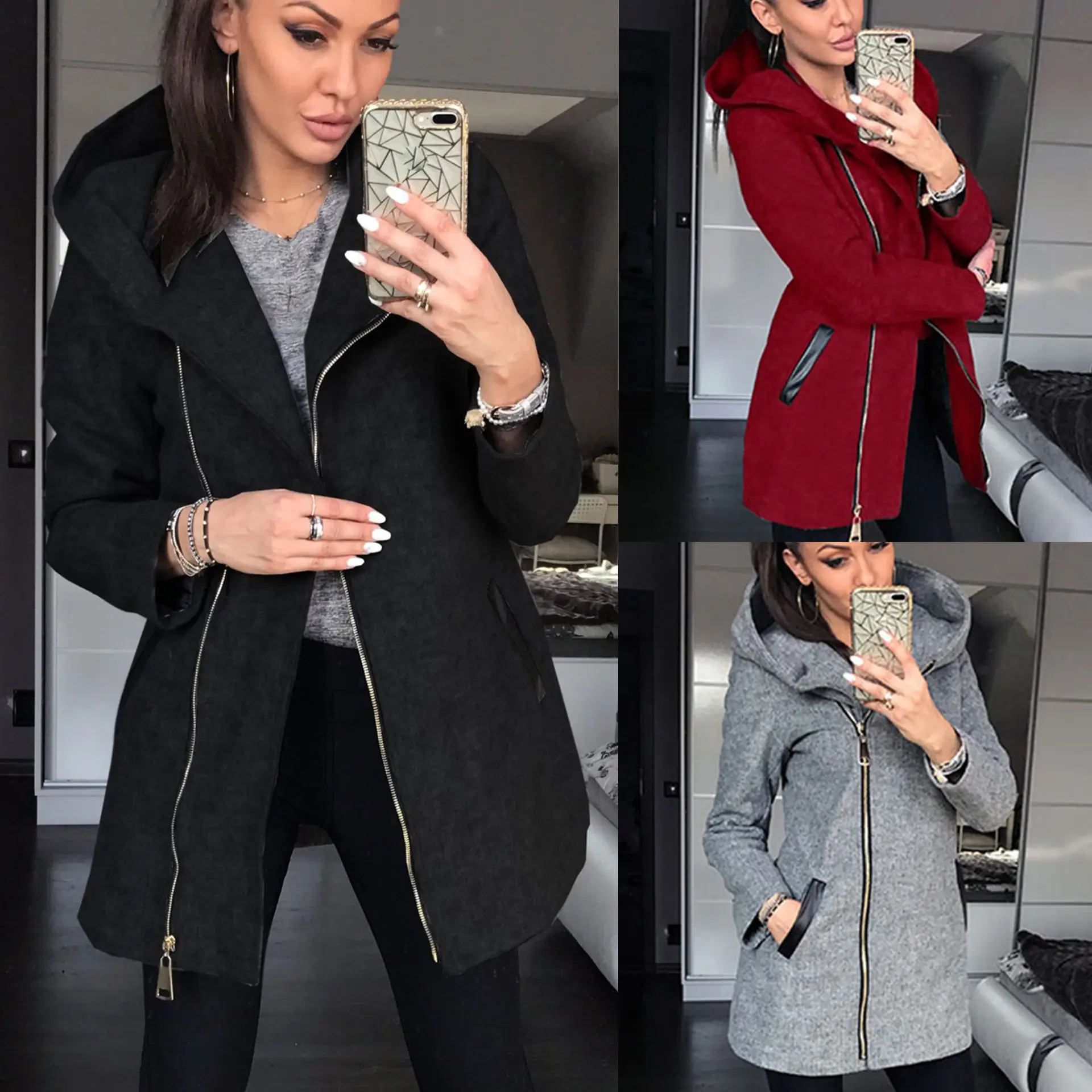 Grey Hooded Zipper Coat for Women with Velvet Trim — feature 2