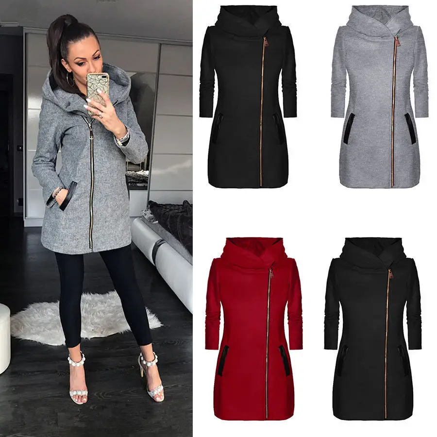 Grey Hooded Zipper Coat for Women with Velvet Trim — feature 3