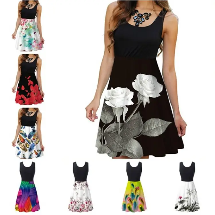 Women's Floral Sleeveless Skirt Set Black Top White Print