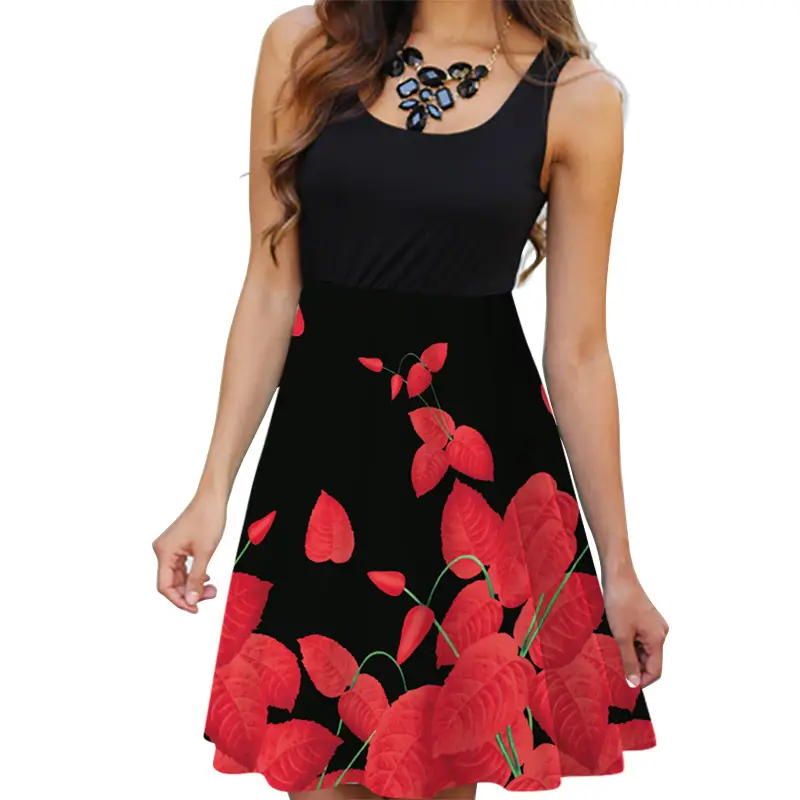 Women's Floral Sleeveless Skirt Set Black Top White Print - Image 11