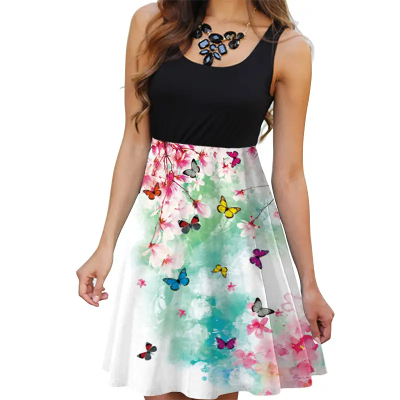 Women's Floral Sleeveless Skirt Set Black Top White Print - Image 12