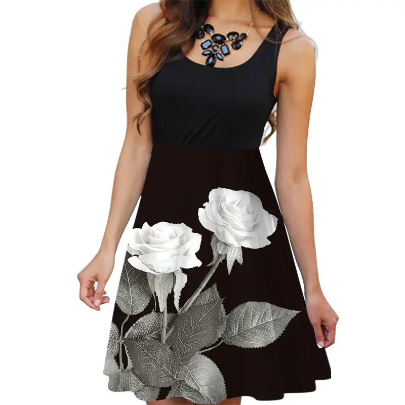 Women's Floral Sleeveless Skirt Set Black Top White Print - Image 13