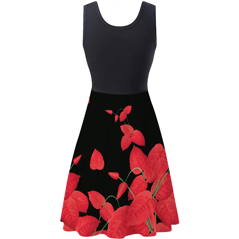 Women's Floral Sleeveless Skirt Set Black Top White Print - Image 3