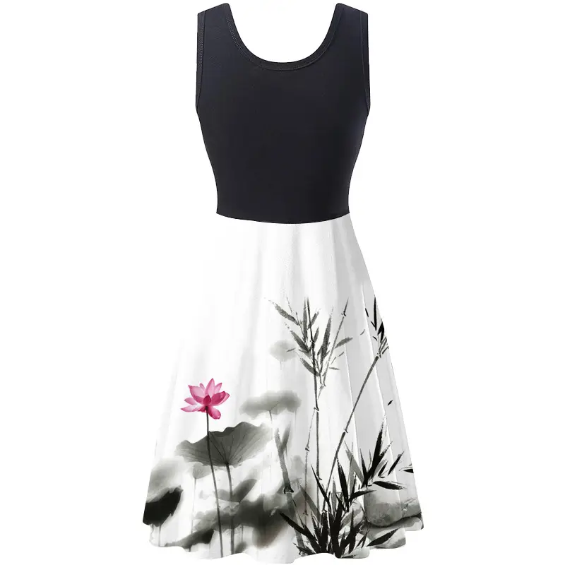 Women's Floral Sleeveless Skirt Set Black Top White Print - Image 5