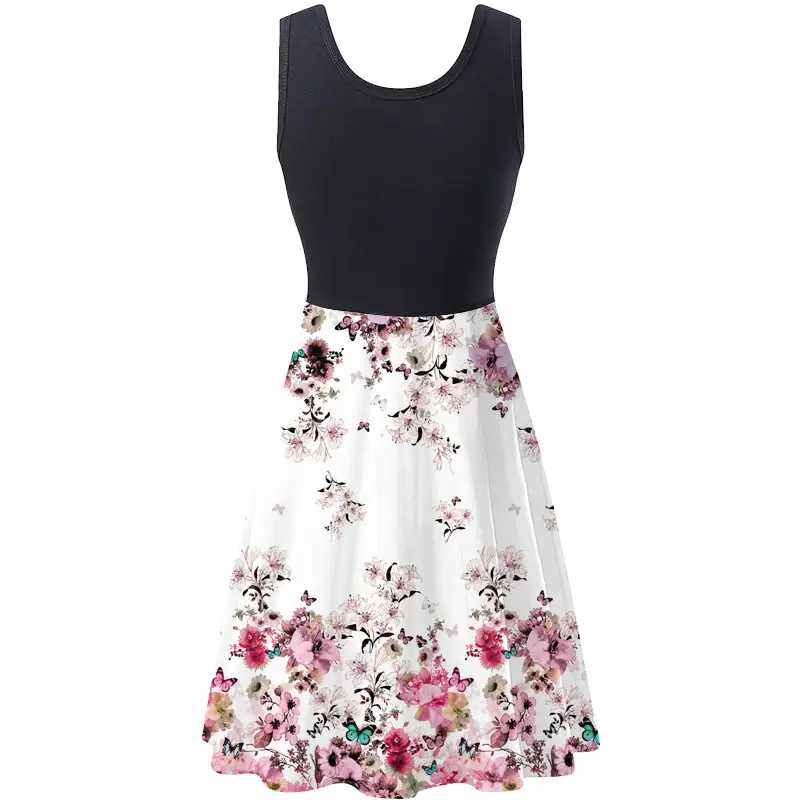 Women's Floral Sleeveless Skirt Set Black Top White Print - Image 8