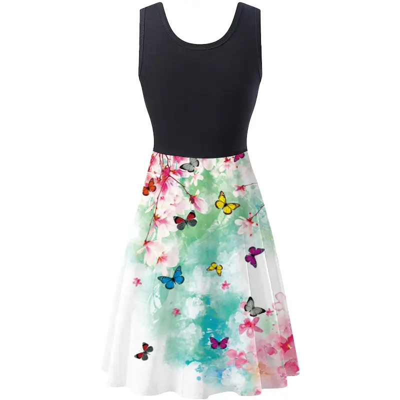 Women's Floral Sleeveless Skirt Set Black Top White Print - Image 2