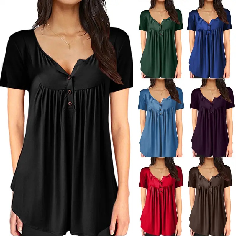 Women Pleated Button T-Shirt Maroon Loose Fit - Image 29
