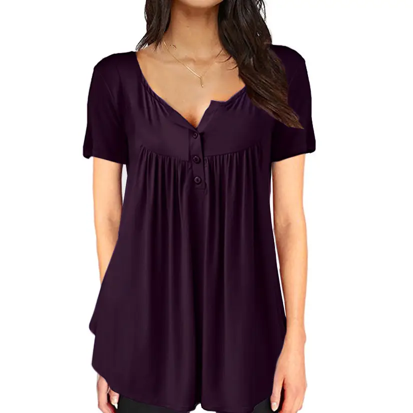 Women Pleated Button T-Shirt Maroon Loose Fit - Image 30