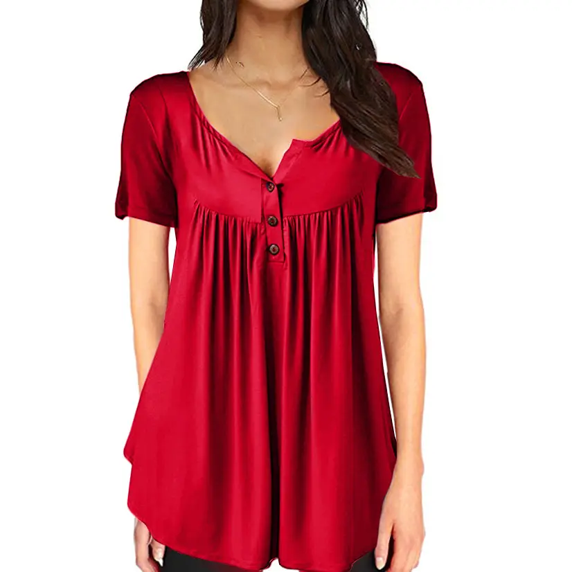Women Pleated Button T-Shirt Maroon Loose Fit - Image 32