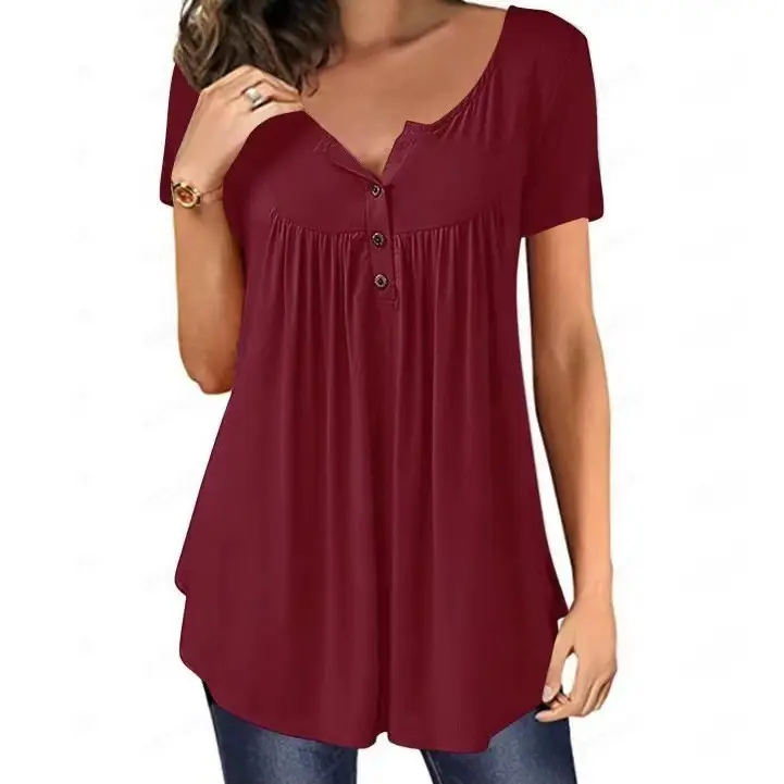 Women Pleated Button T-Shirt Maroon Loose Fit - Image 26