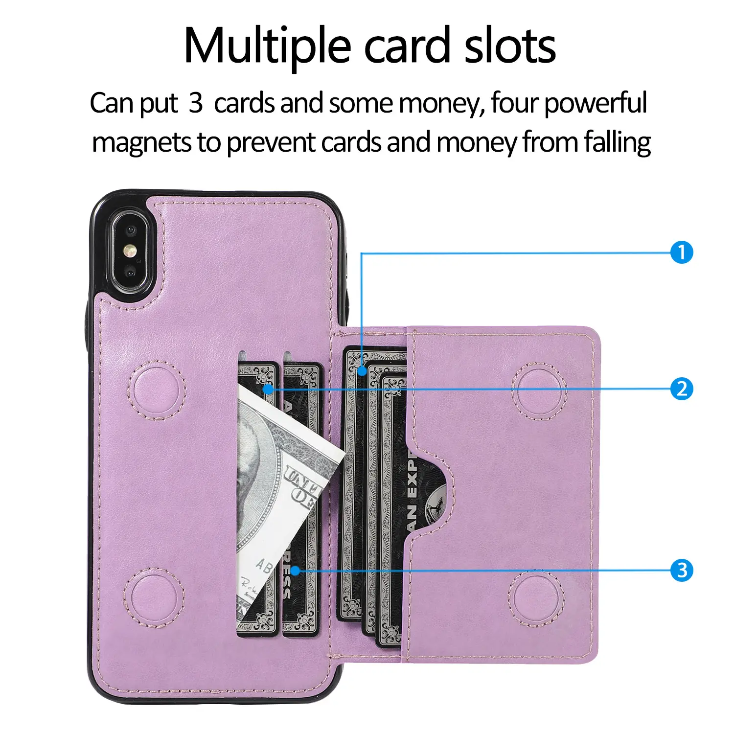 Blue Leather iPhone 12 Case with 3 Card Slots & Magnets - Image 3
