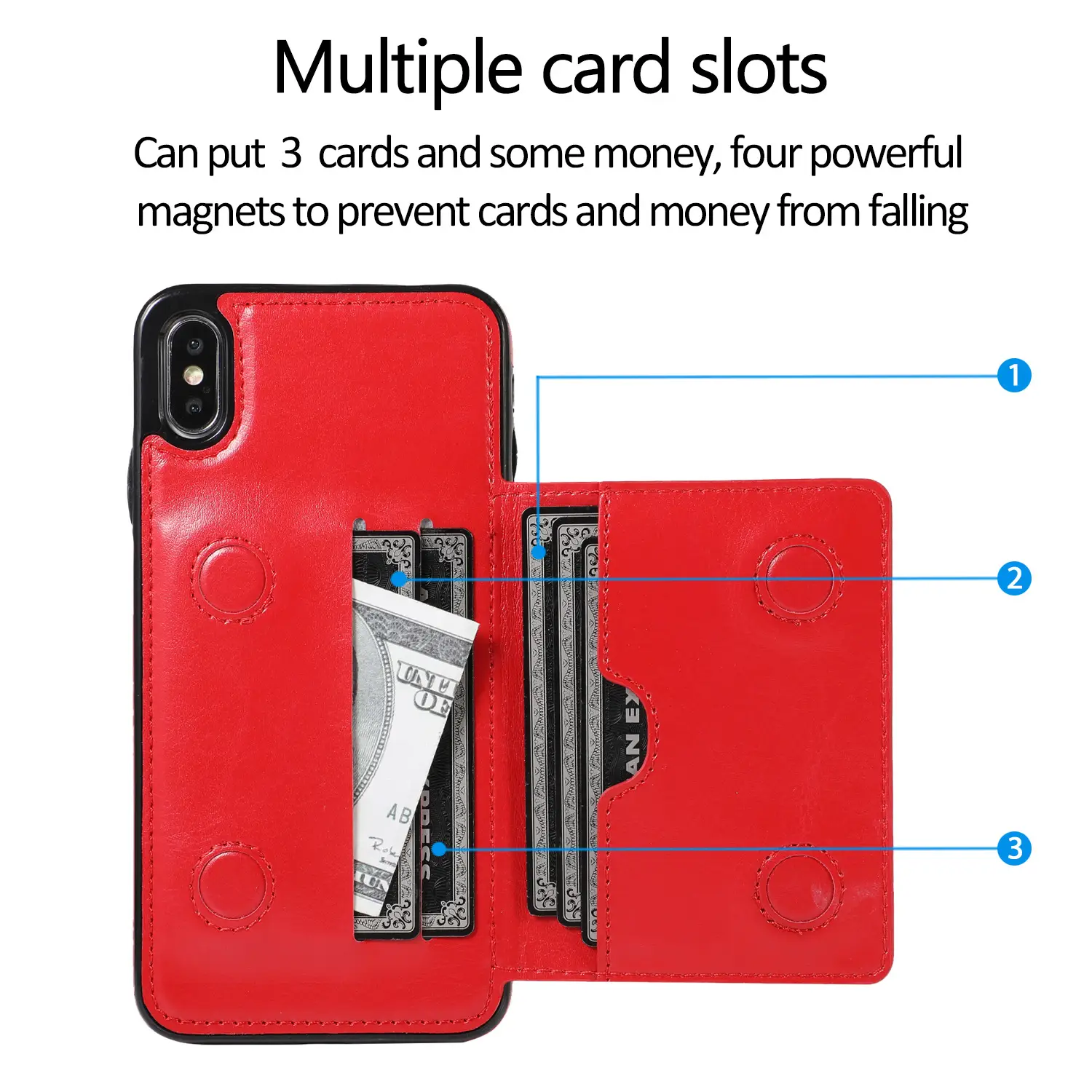 Blue Leather iPhone 12 Case with 3 Card Slots & Magnets - Image 4