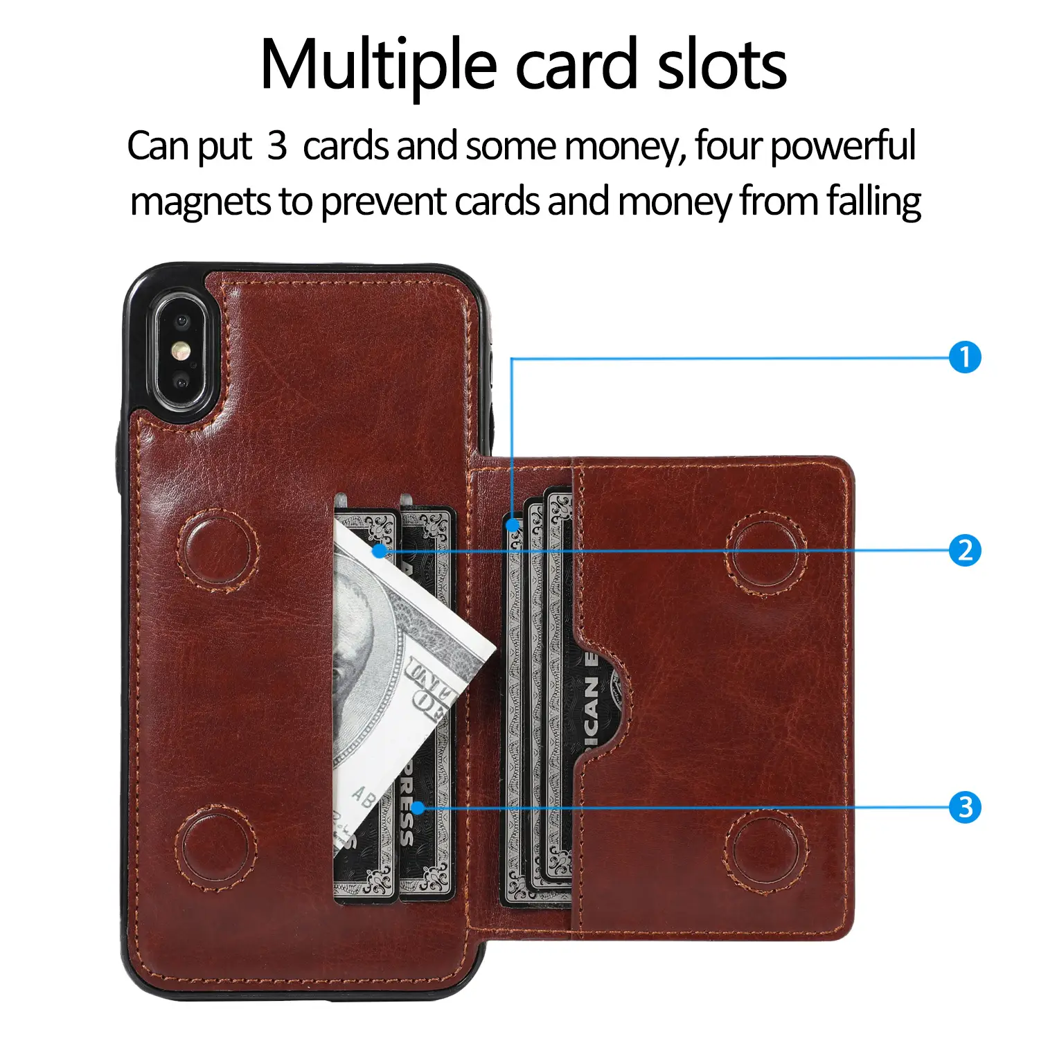 Blue Leather iPhone 12 Case with 3 Card Slots & Magnets - Image 6
