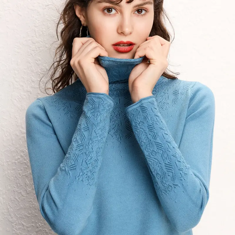 Women's Blue Knitted Turtleneck Sweater Large - Image 13