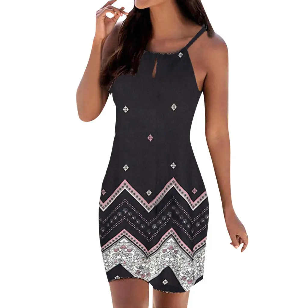 Black Printed Halter Neck Sleeveless Dress for Women