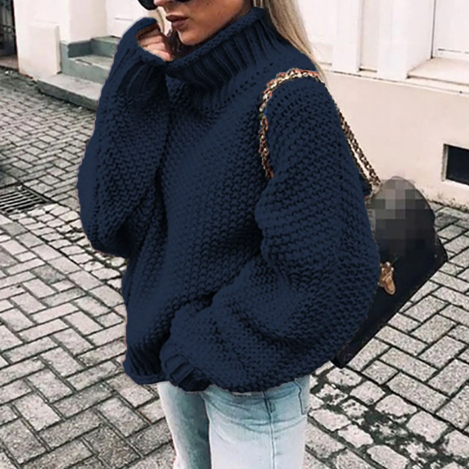 2025 Black Knit Turtleneck Pullover with Bat Sleeves Large - Image 9