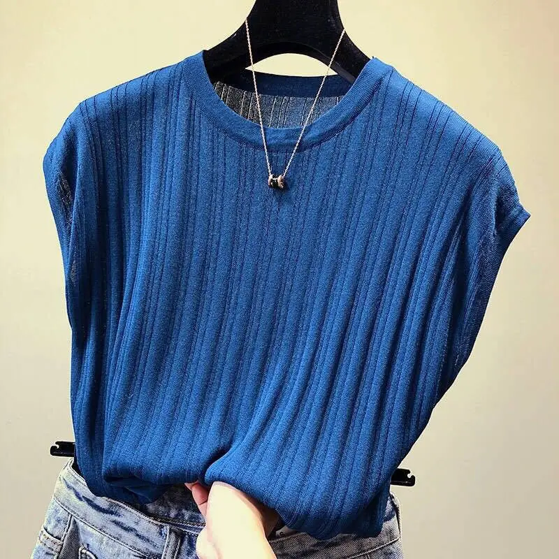 Women Red Knitted Loose T-Shirt Large - Image 7