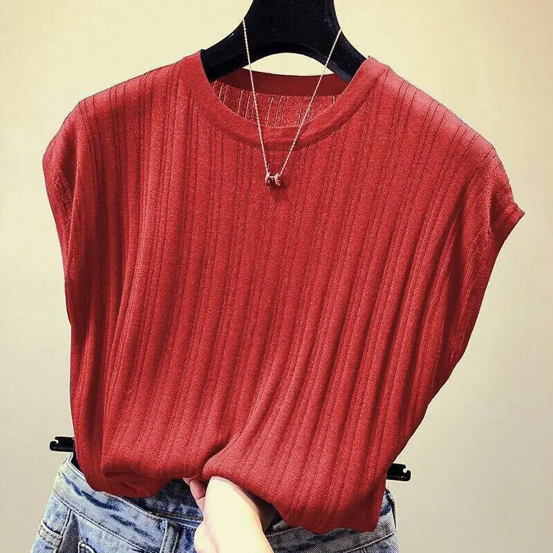 Women Red Knitted Loose T-Shirt Large - Image 8
