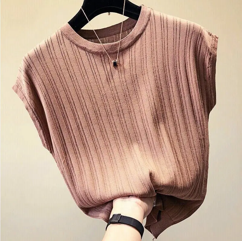 Women Red Knitted Loose T-Shirt Large - Image 2