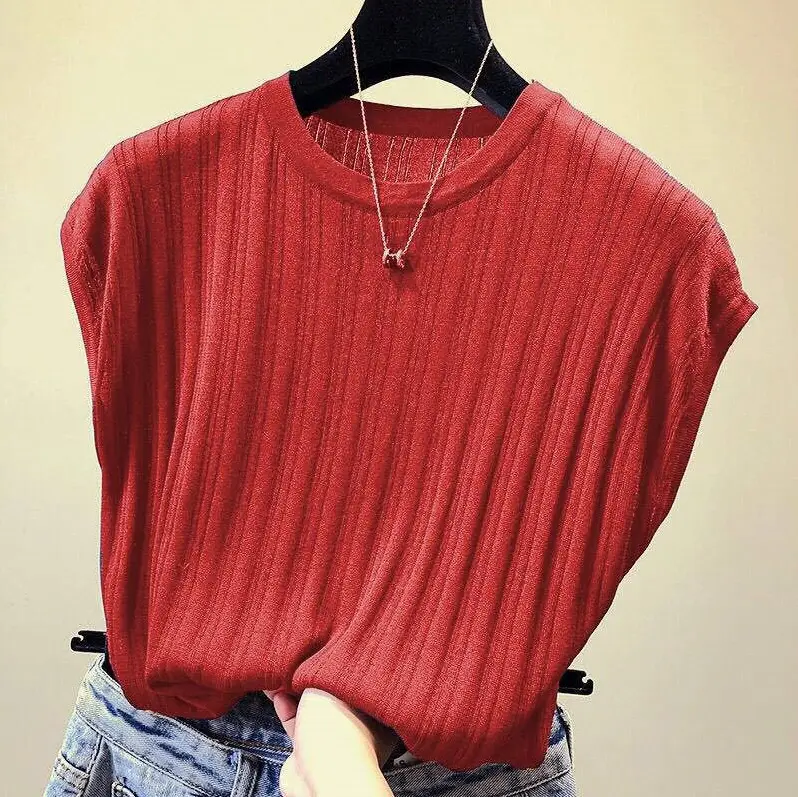 Women Red Knitted Loose T-Shirt Large - Image 5